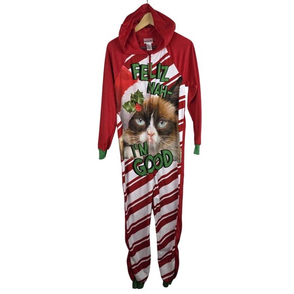 Grumpy Cat Pajama Women's Size Medium Red Ugly Christmas One Piece Sleepwear - Picture 1 of 12